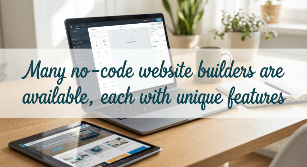Laptop and tablet displaying no-code website builder software with drag-and-drop interface in a bright workspace