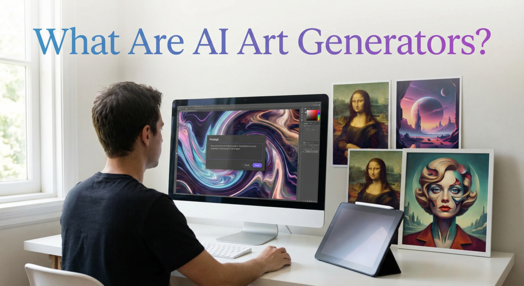 Man using computer with swirling digital artwork generated by free AI art generators online, surrounded by AI-created and classical art prints.