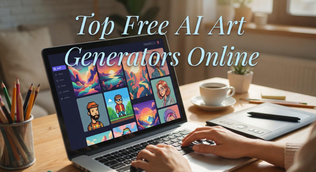 User browsing digital artworks on a laptop created with free AI art generators online, surrounded by drawing tools, pencils, and a graphic tablet.