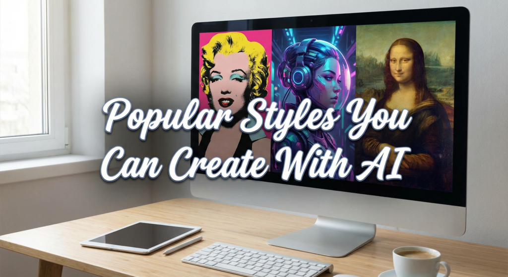 A modern workspace with a desktop computer displaying examples of AI-generated art in different styles, including pop art, futuristic cyberpunk, and classical Renaissance artwork, with the text “Popular Styles You Can Create With AI.”