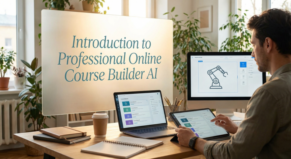 Man working at a desk with a monitor displaying Introduction to Professional Online Course Builder AI while using a tablet.