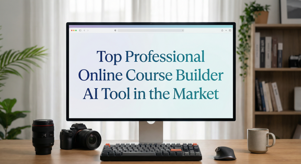Computer monitor on a desk displaying the text Top Professional Online Course Builder AI Tool in the Market next to a camera and keyboard.