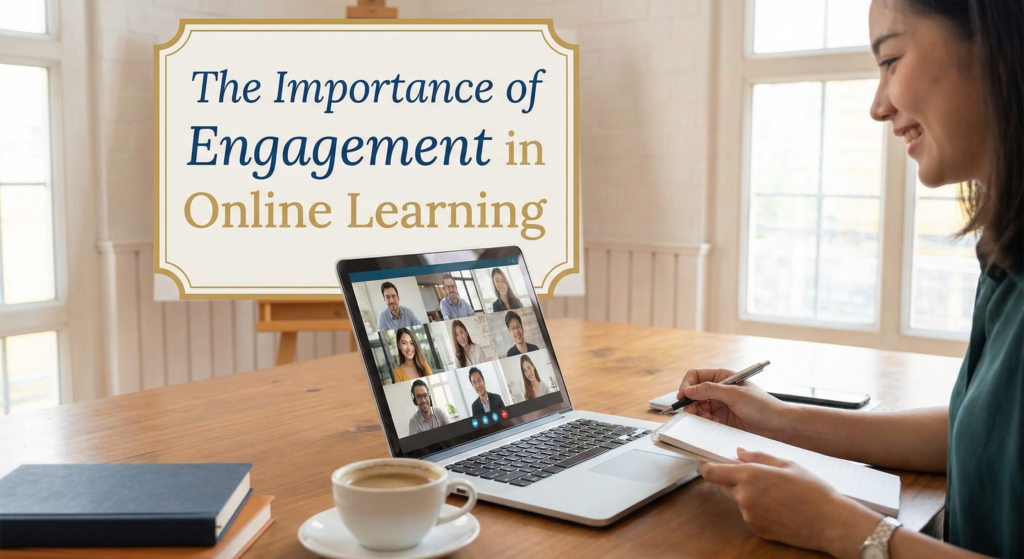Smiling woman participating in a virtual class on a laptop, emphasizing the importance of engagement using a professional online course builder AI.