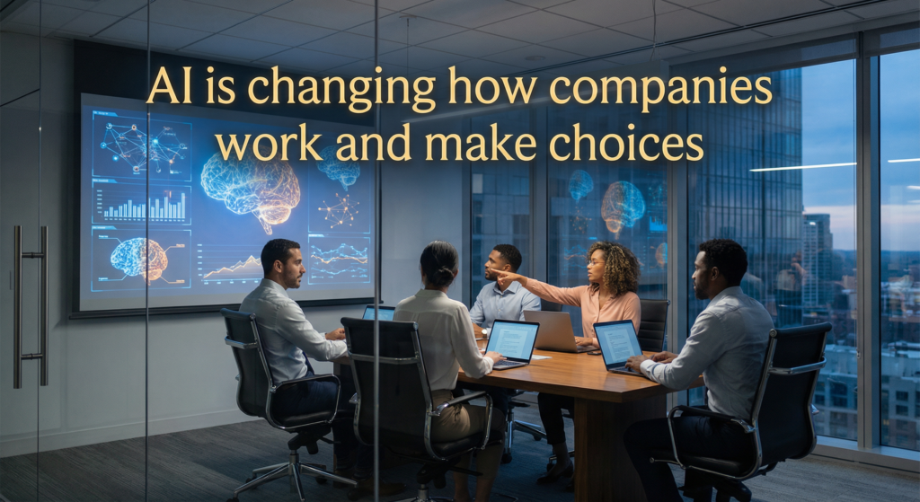 Business team discussing top AI solutions for businesses in a modern office, with AI data and brain graphics displayed on a large screen.