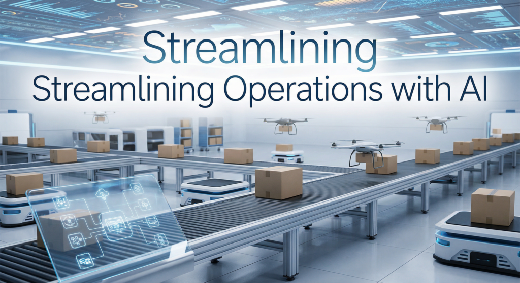 Modern warehouse using top AI solutions for businesses, featuring drones and robots automating package handling on conveyor belts.