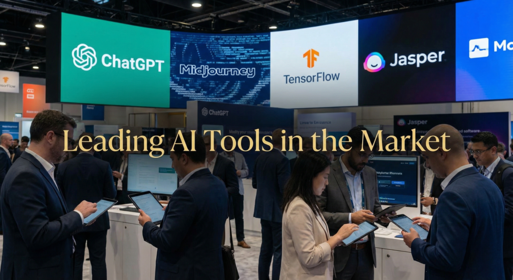 Business professionals exploring top AI solutions for businesses at a tech expo, with displays of leading AI tools like ChatGPT, Midjourney, TensorFlow, and Jasper.