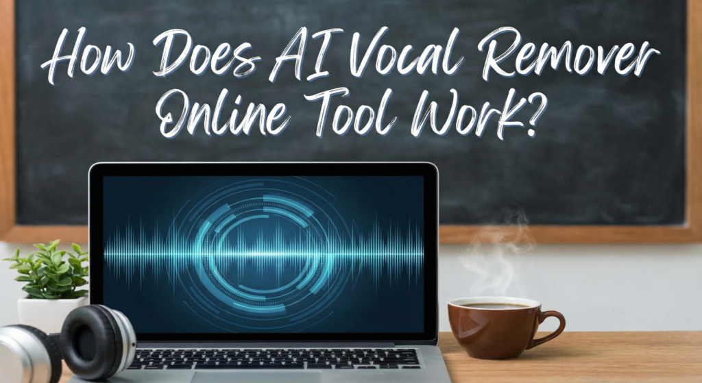 Laptop displaying sound waves with a question on a chalkboard asking how the AI vocal remover online tool works, next to headphones and a coffee cup.