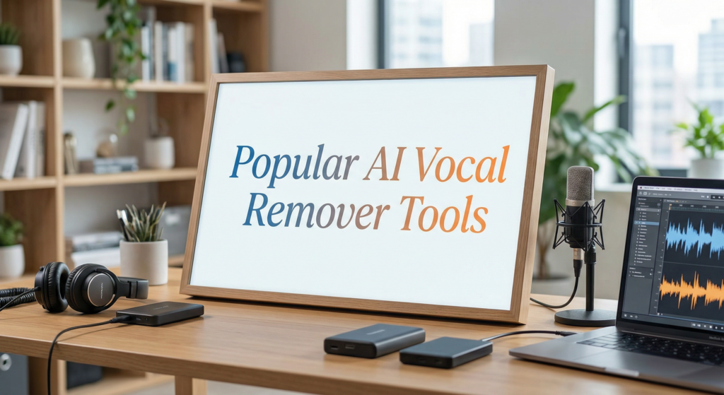 Modern desk setup with headphones, microphone, and laptop showing audio editing software, featuring a sign that says 'Popular AI vocal remover tools' – showcasing an AI vocal remover online tool in use.