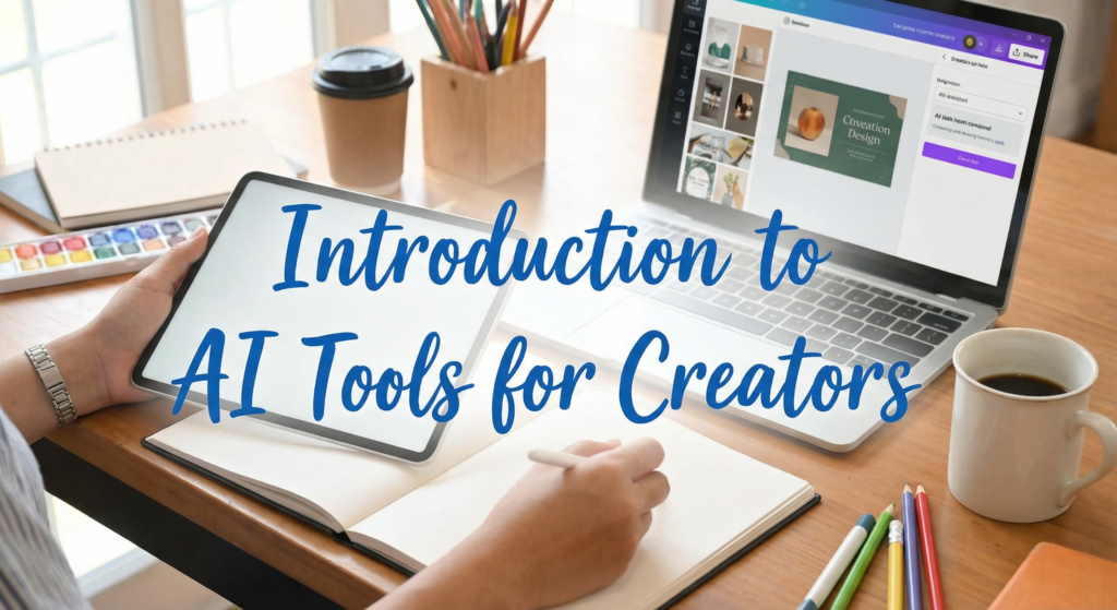 Workspace with tablet, laptop, and notebook showing introduction to the top latest AI tools for creators in a modern digital design environment.