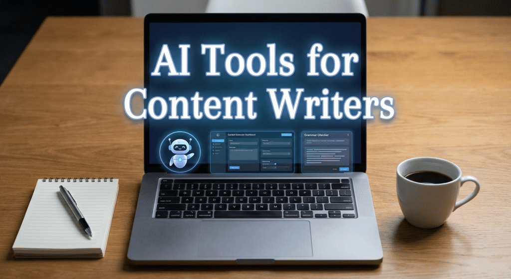 Laptop displaying AI writing software with a notebook and coffee cup on wooden desk, illustrating the use of latest AI tools for creators in content writing.