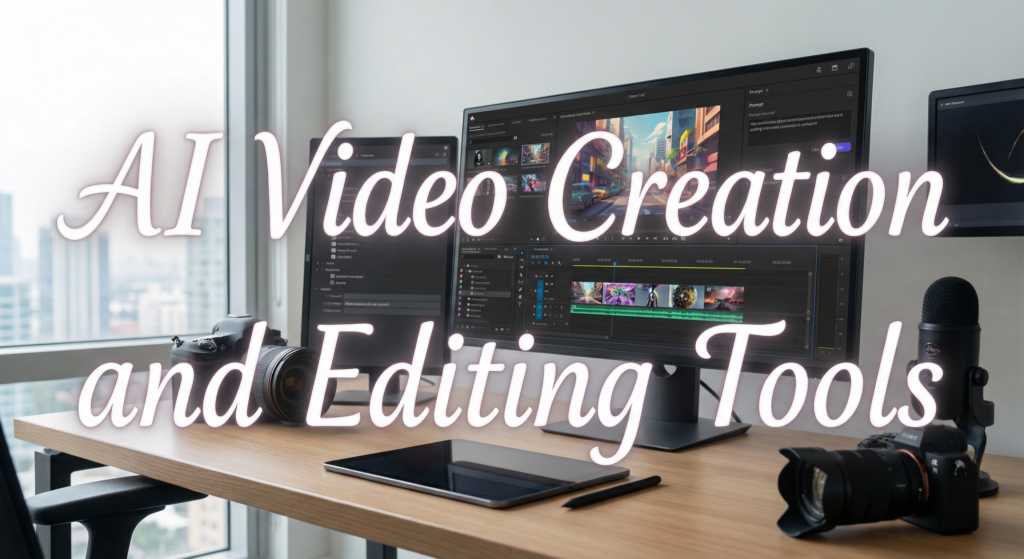 Modern video editing workspace showcasing the latest AI tools for creators, with professional camera gear, microphone, and video editing software on screen.