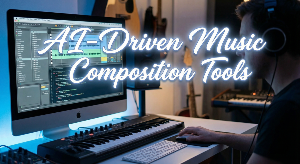 Music producer using digital audio software and MIDI keyboard, showcasing one of the latest AI tools for creators in music composition.