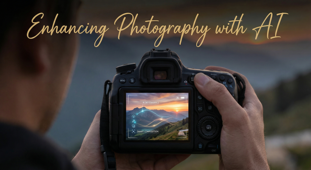 Photographer using a DSLR with AI sky enhancement feature, representing one of the top latest AI tools for creators to improve photography quality.