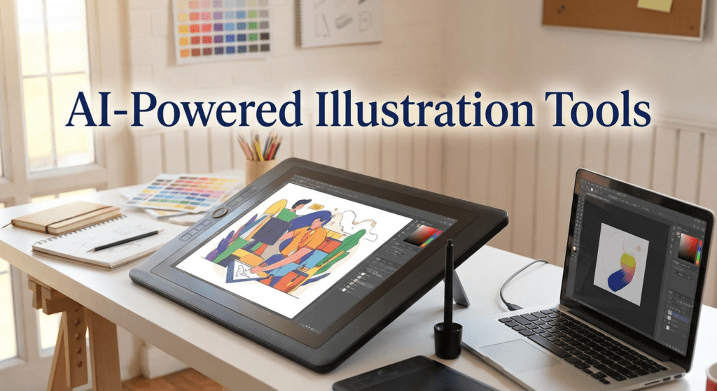Digital illustration workspace with drawing tablet and laptop displaying colorful artwork created using the latest AI tools for creators in illustration.