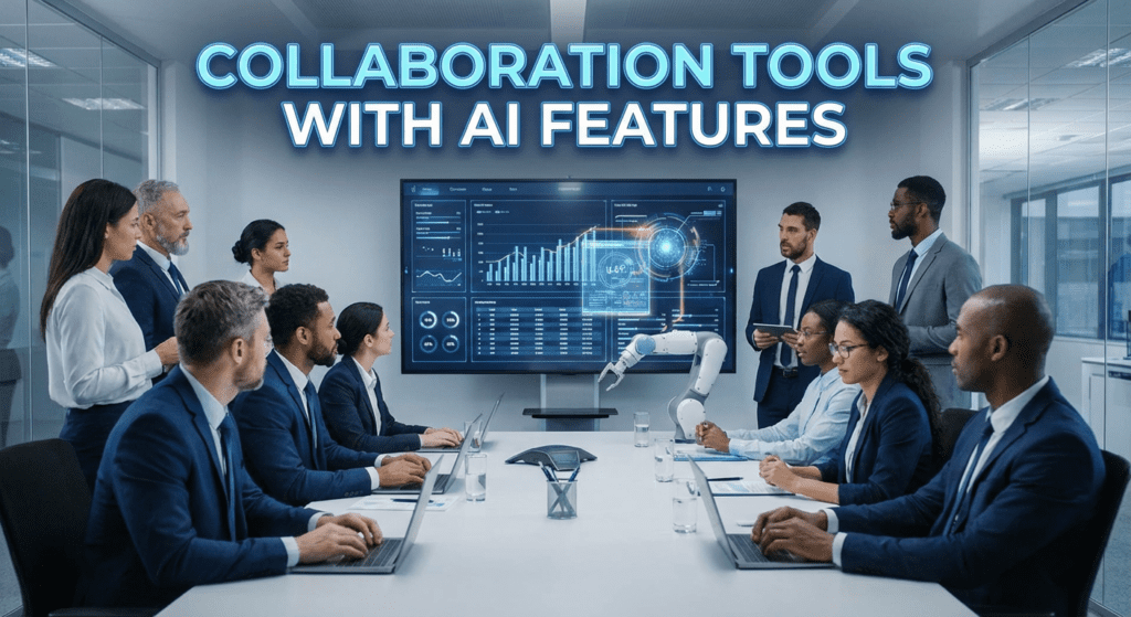 Business team using AI-powered collaboration software in a modern office, showcasing one of the top latest AI tools for creators improving teamwork and productivity.