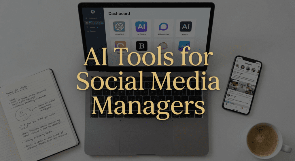 Laptop dashboard with social media AI apps, notebook with content ideas, and smartphone showing Instagram — presenting top latest AI tools for creators in social media management.
