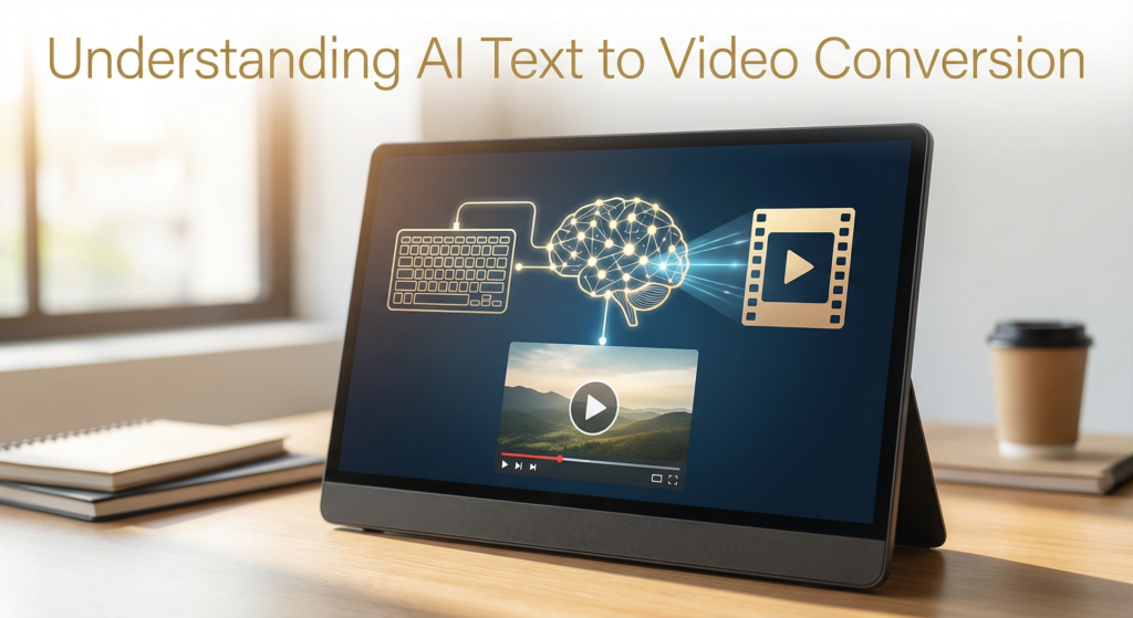 Tablet screen illustrating the process of converting text into video with artificial intelligence, representing a cheap AI text to video converter in action.
