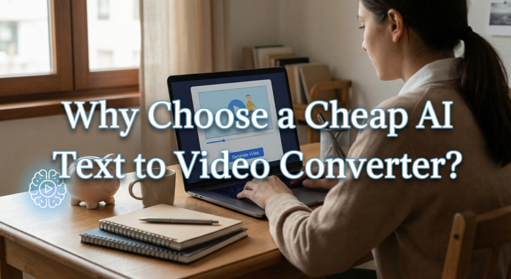 Woman using a laptop to generate a video, highlighting the benefits of using a cheap AI text to video converter at home.