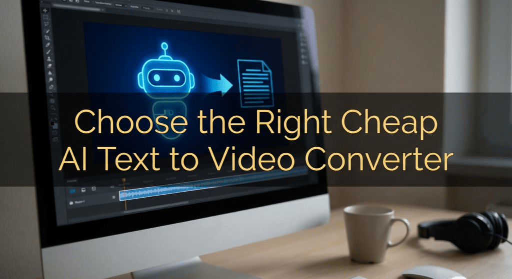 Computer screen showing AI converting text into visuals, promoting the use of a cheap AI text to video converter for content creation.