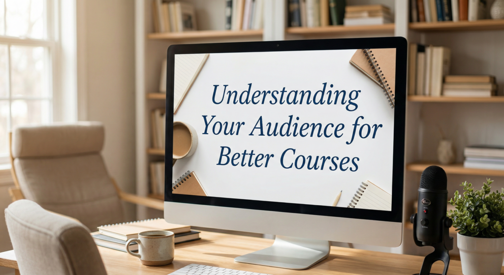 Workspace with a computer monitor displaying the headline Understanding Your Audience for Better Courses, next to a microphone and coffee cup.