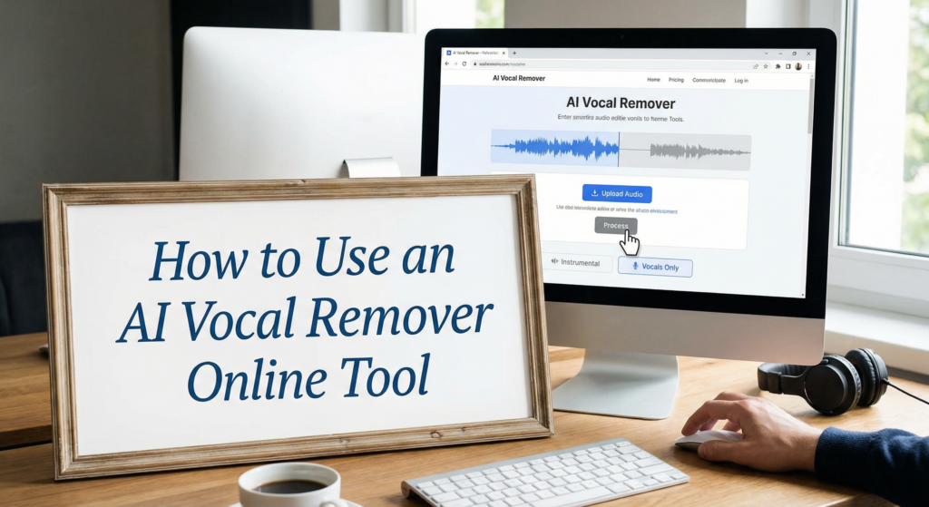 User selecting 'Process' on a computer screen while using an AI vocal remover online tool, with a sign in front reading 'How to Use an AI Vocal Remover Online Tool'.