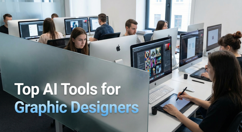 Graphic designers working on digital art using the top latest AI tools for creators in a modern office with large desktop monitors and design tablets.