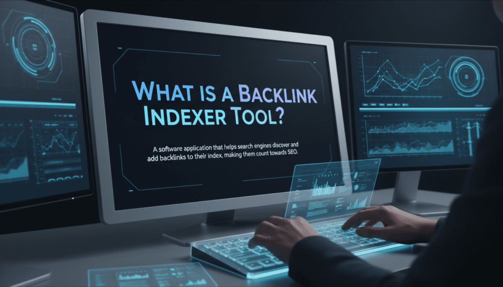 Digital display showing the definition of a backlink indexer tool, emphasizing its role in helping search engines discover and index backlinks for SEO benefits.