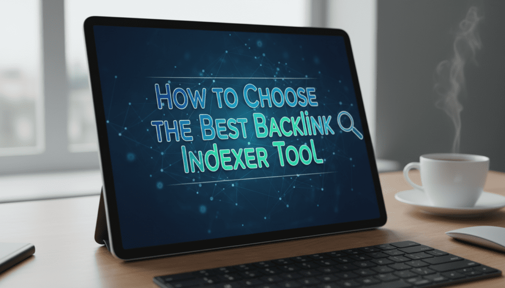 Tablet screen displaying the phrase "How to Choose the Best Backlink Indexer Tool" with digital background, representing SEO tool selection.