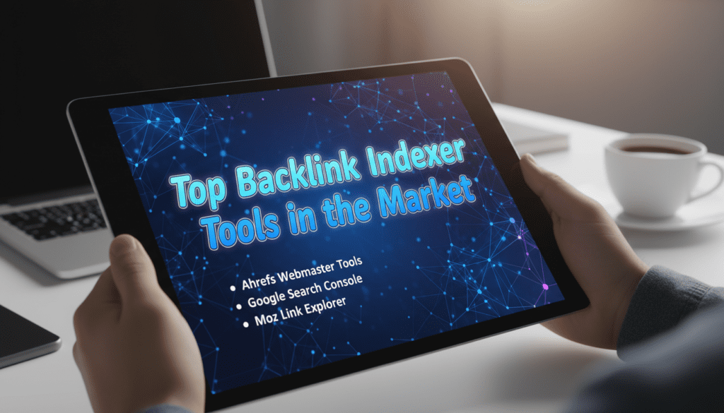 Person holding a tablet displaying a list of top backlink indexer tools in the market, highlighting popular backlink indexer tool options like Ahrefs and Moz.