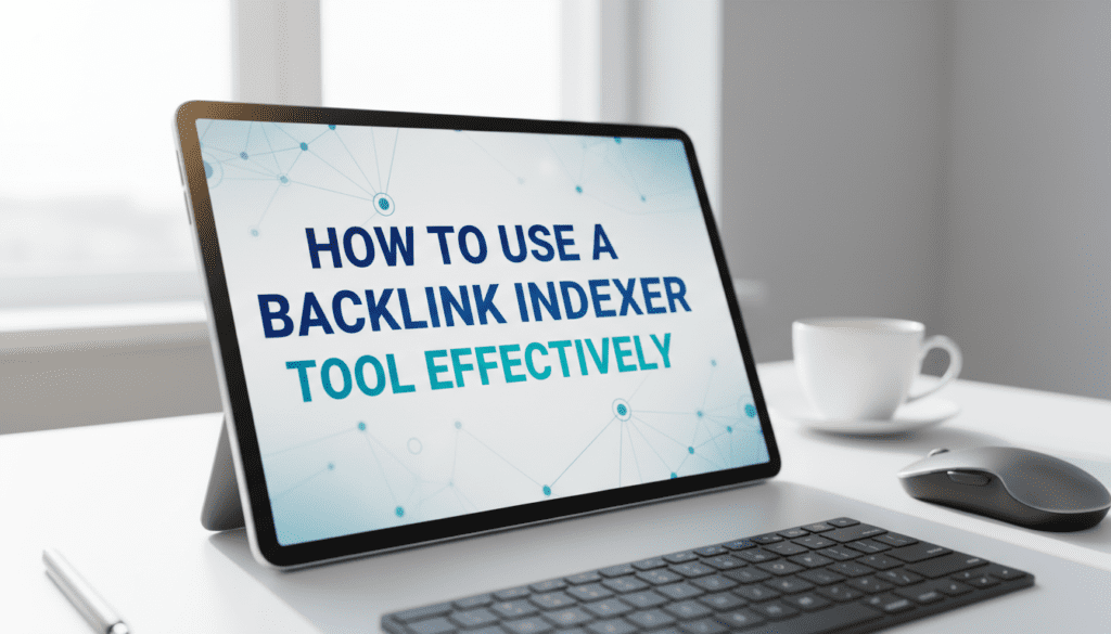 Tablet on a desk displaying a digital guide on SEO usage, with a keyboard, mouse, and coffee cup in a bright modern workspace.