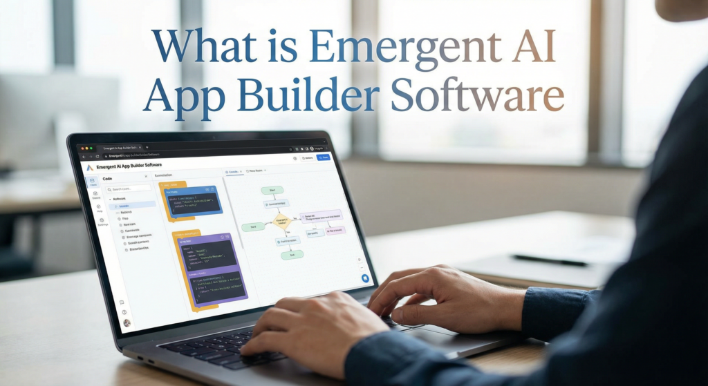 User working on a laptop interface displaying Emergent AI app builder software with a visual flowchart and code editor.