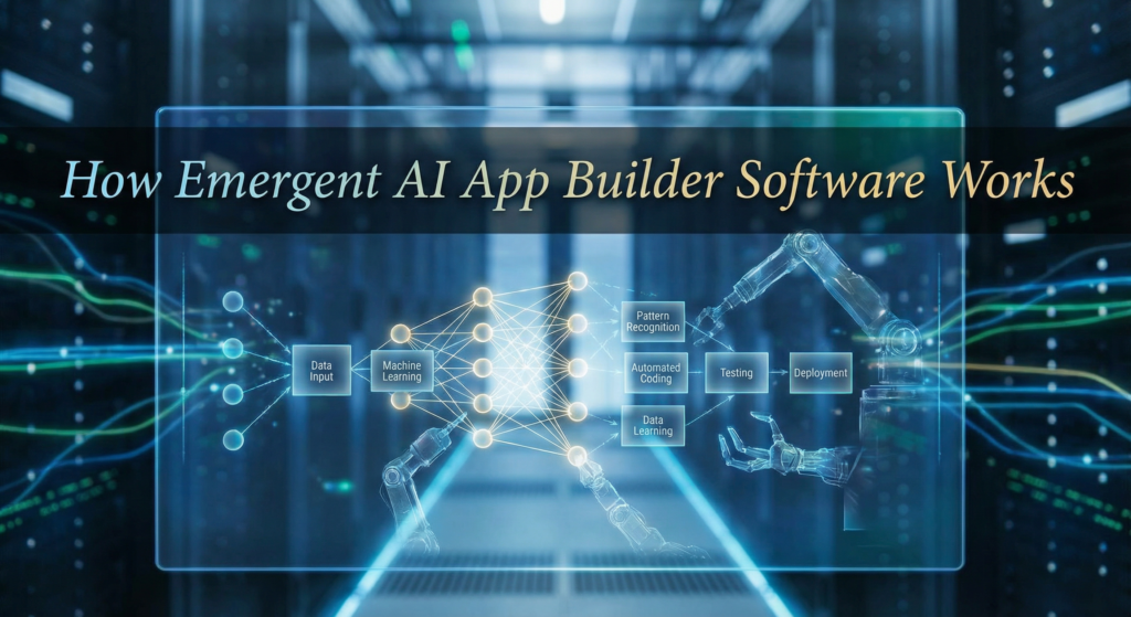 Visual representation of how Emergent AI app builder software processes data using machine learning, pattern recognition, and automated coding.