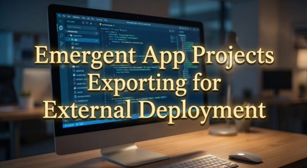 Code editor on desktop screen showing project export using Emergent AI app builder software for external deployment.