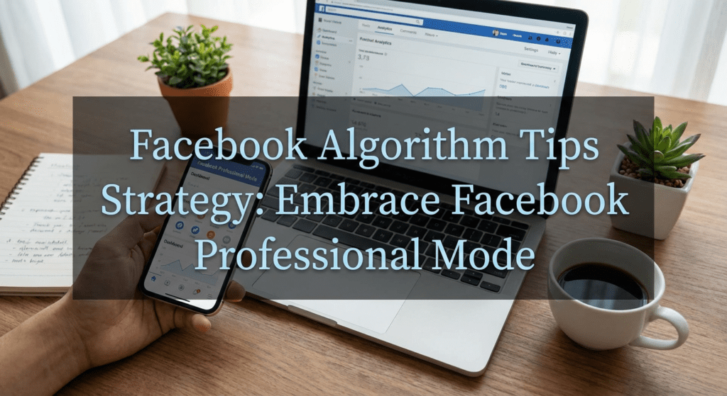Workspace with laptop showing Facebook analytics, smartphone displaying Facebook Professional Mode, and coffee cup — illustrating a Facebook algorithm tips strategy in action.