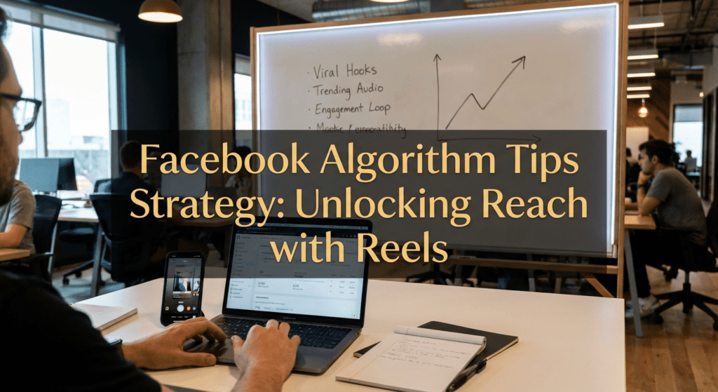 Man working on Facebook analytics with phone and laptop in modern office, whiteboard showing content tips — visual representation of a Facebook algorithm tips strategy using Reels.