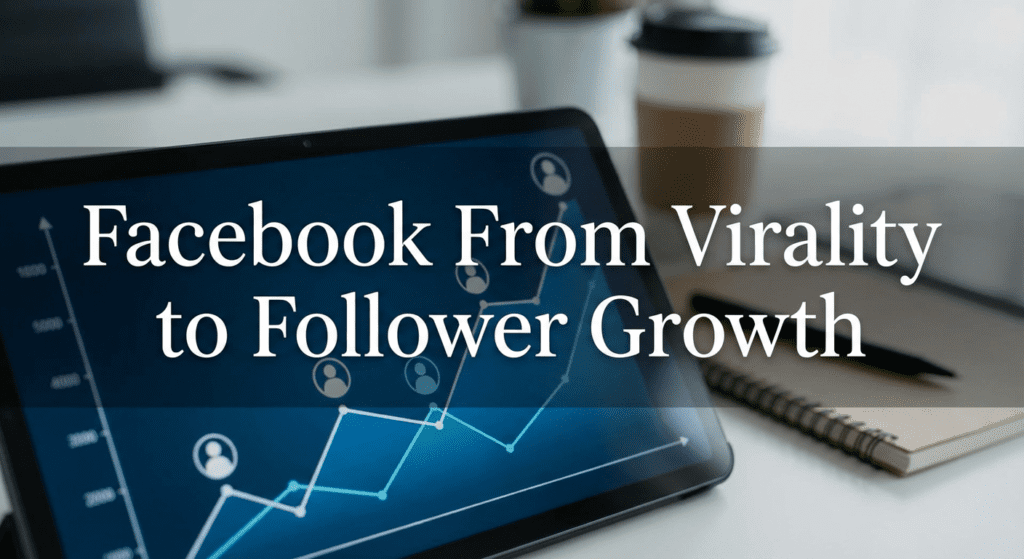 Tablet screen showing follower growth graph and social media icons, illustrating Facebook algorithm tips strategy focused on moving from virality to follower growth.