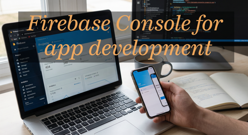 Developer koristi Firebase Console for app development na laptopu i telefonu, uz otvoreni kod editor i beležnicu na stolu.