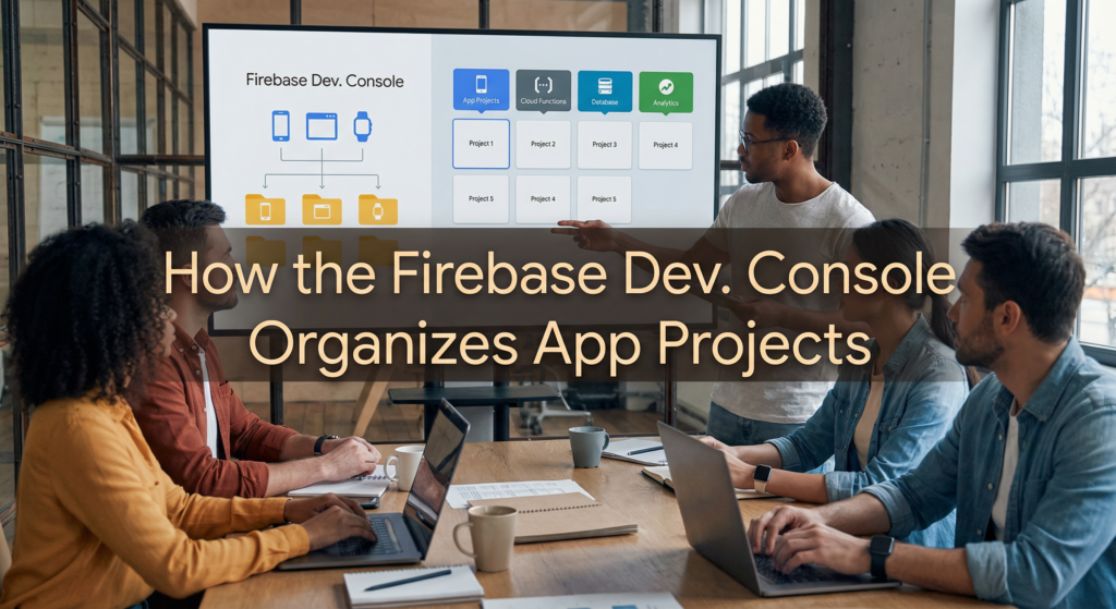 Team of developers watching a presentation on how the Firebase Console for app development organizes app projects.