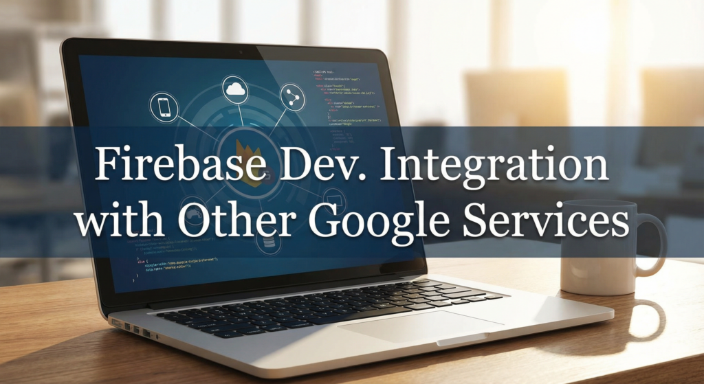 Laptop screen showing Firebase Console for app development integrated with other Google services like Cloud and Analytics.