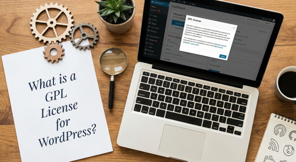 Laptop displaying GPL license details next to a document about licensing, explaining the basis of a cheap WordPress GPL marketplace.