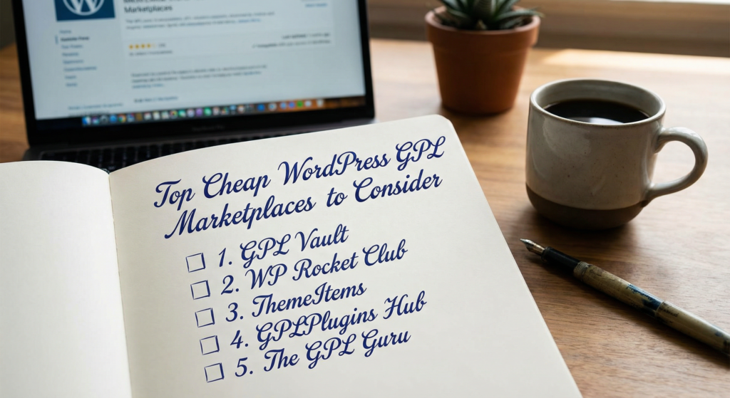Notebook on a desk with a handwritten checklist of the top options for a cheap WordPress GPL marketplace to consider.