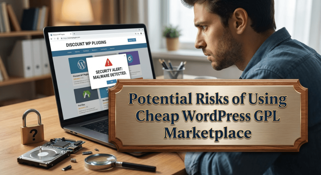 Man facing a malware security alert on his laptop, illustrating the potential risks of using a cheap WordPress GPL marketplace.