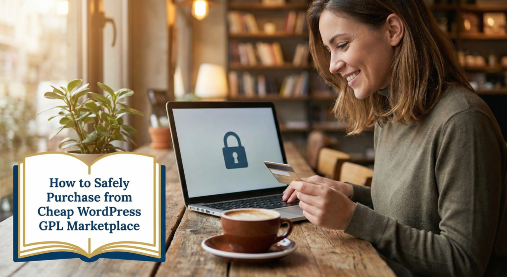 Smiling woman holding a credit card in front of a laptop with a security lock icon, representing safe online transactions for affordable website themes and plugins.