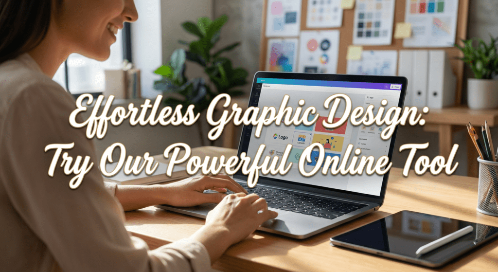 Smiling woman using an online graphic design tool on a laptop to create visual content in a modern workspace.