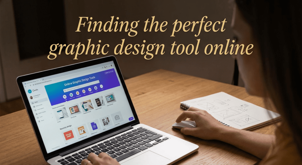 Person browsing options for a graphic design tool online on a laptop, with design sketches on the desk.