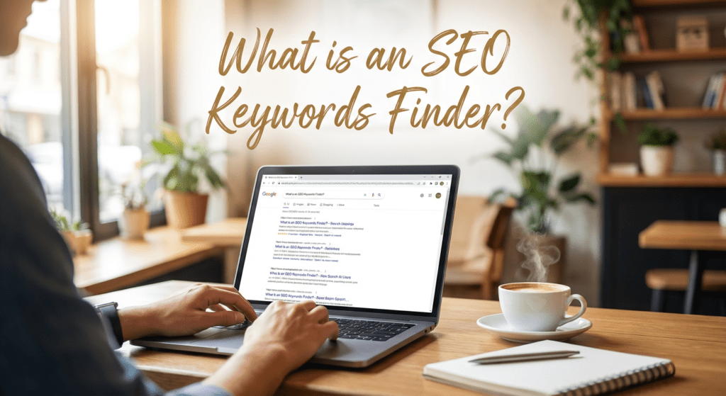 Person searching for 'SEO Keywords Finder' on a laptop in a cozy cafe with a coffee cup and notebook on the table.