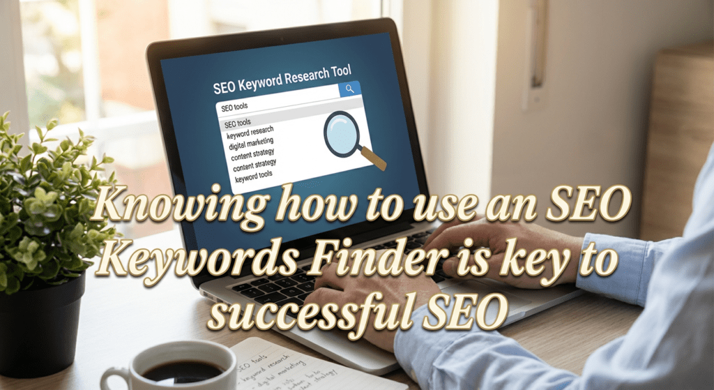 Person using an SEO Keywords Finder tool on a laptop to research digital marketing and content strategy keywords.