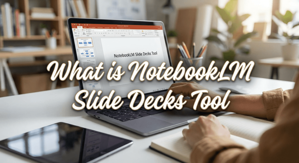 Person using a laptop to explore the NotebookLM Slide Decks tool for creating AI-generated presentations.