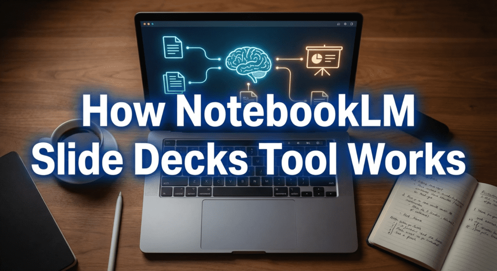 Laptop screen displaying how the NotebookLM Slide Decks tool works, with visual icons representing note processing and slide generation.