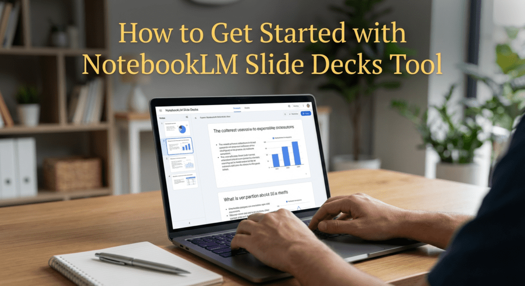 Person using a laptop to get started with the NotebookLM Slide Decks tool for creating data-driven slide presentations.